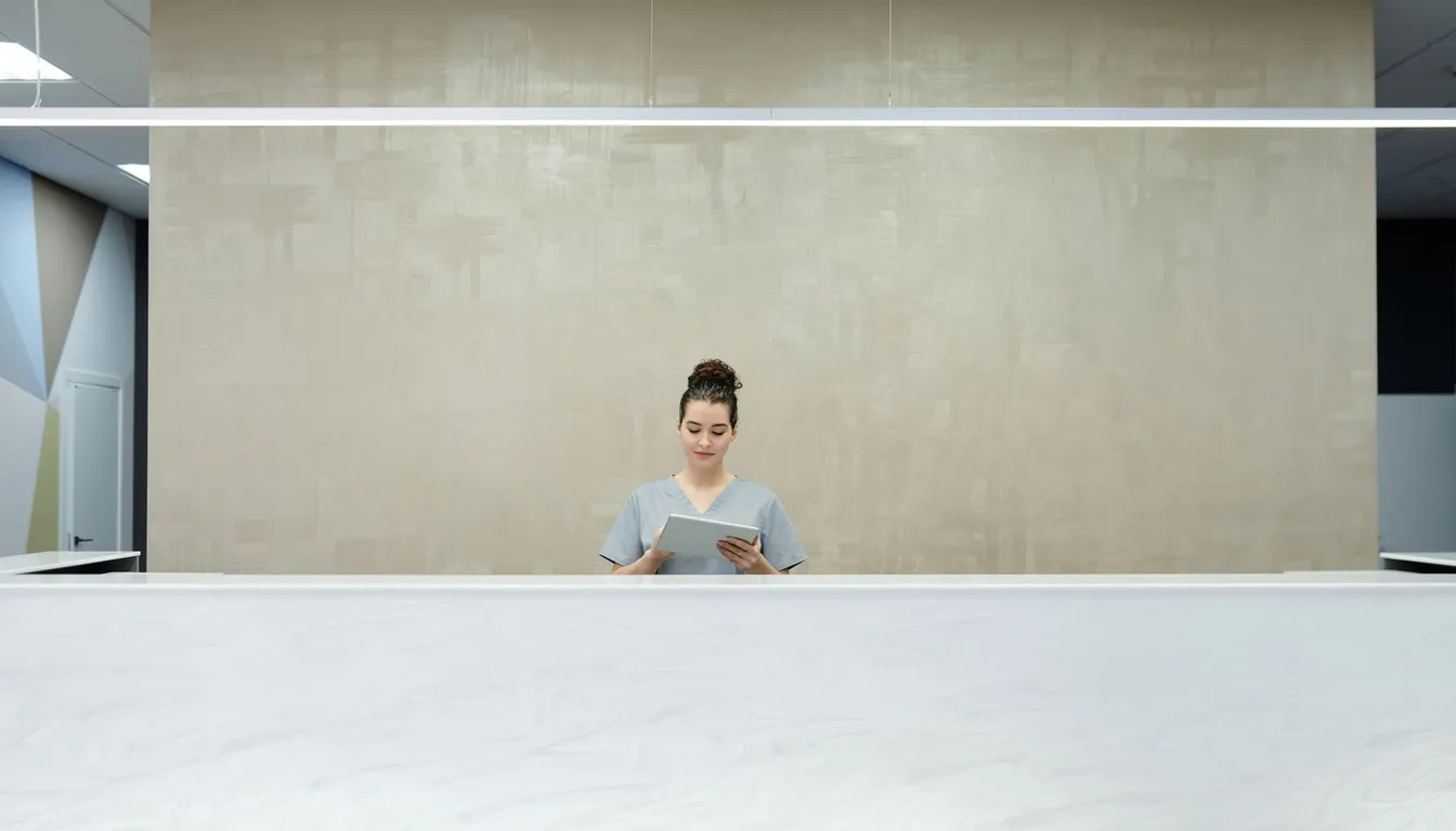 A staff member in grey scrubs reads a tablet behind a long white reception desk in a bright, minimal clinic.