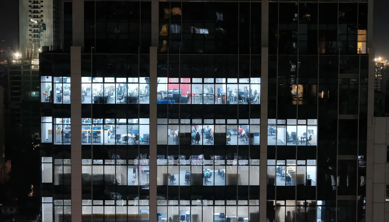 An office building at night with several floors of lit, open-plan workspaces visible through the windows.