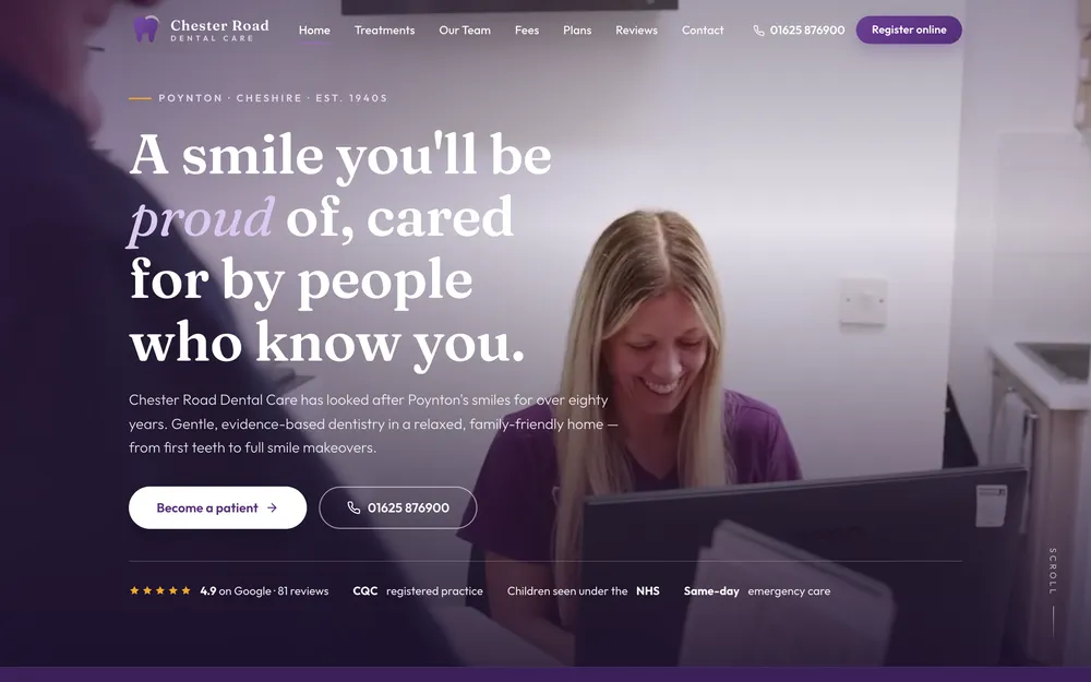 Chester Road Dental Care: the home page on a desktop