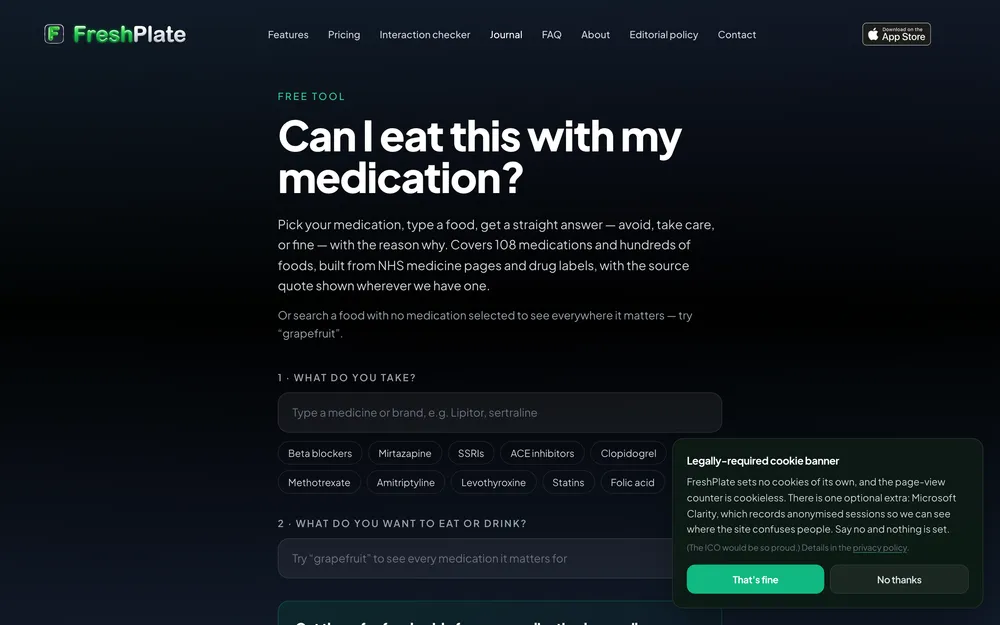 FreshPlate: the interaction checker page on a desktop
