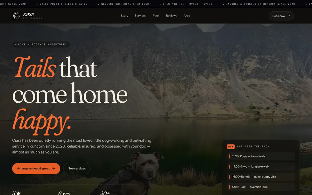 K925 Pet Services: the home page on a desktop